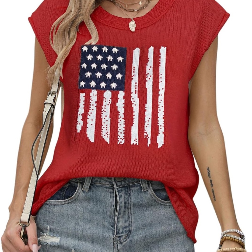 Red American Flag Sleeveless Sweater Tank Top